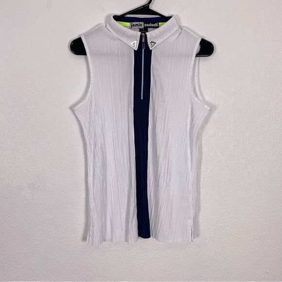 Jamie Sadock White with Navy Blue Stripe Down Front Quarter Zip Up Tank Top - Picture 1 of 7